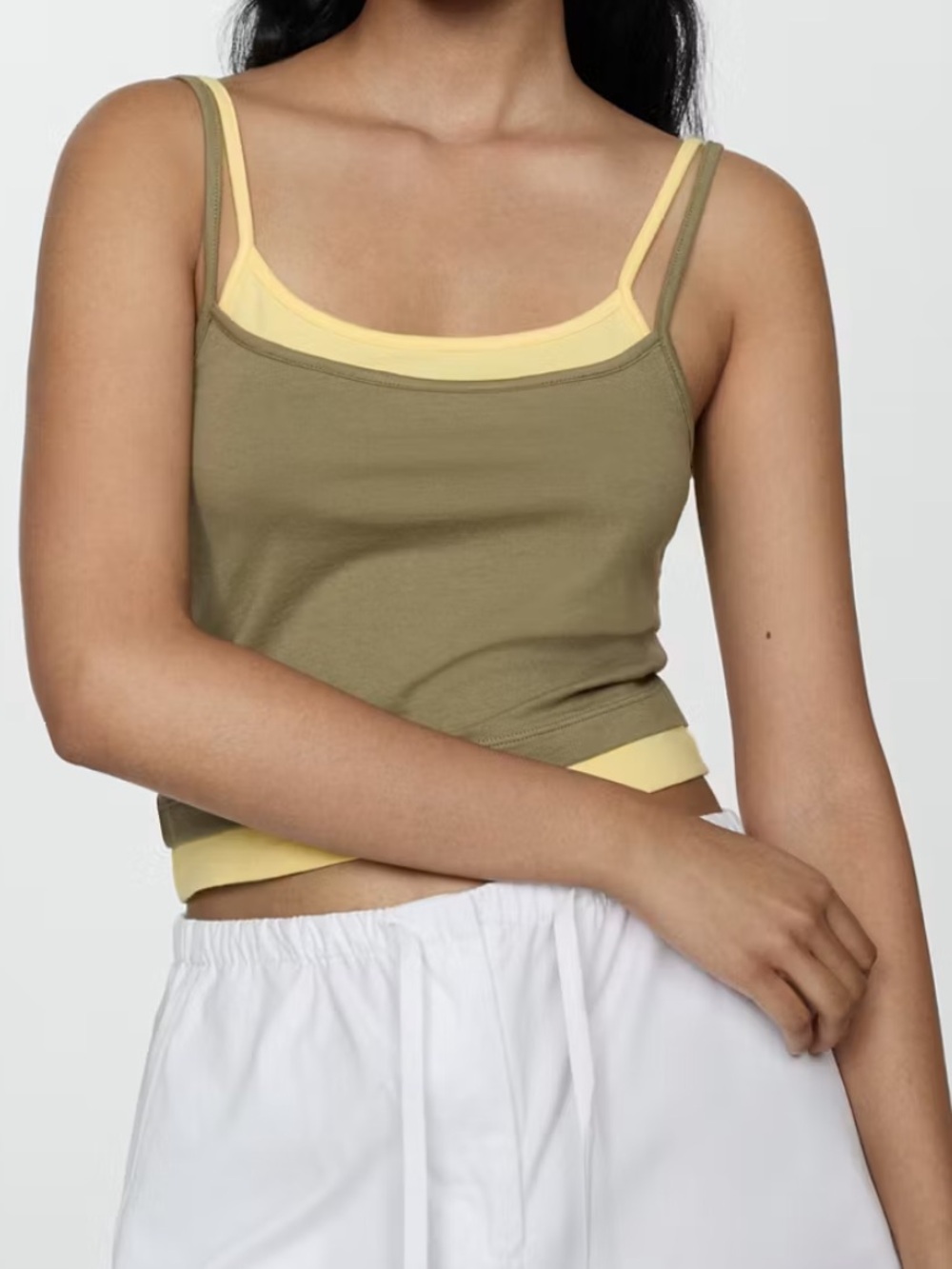 Mango - Olive and Yellow Strappy Double Layered Effect Tank Top - L